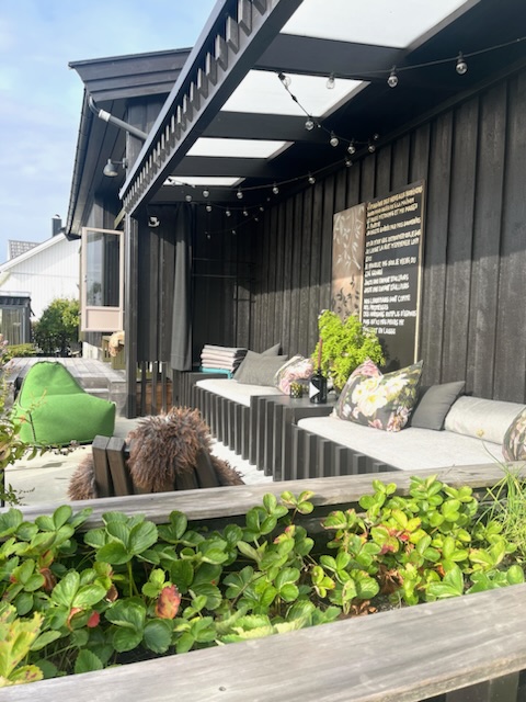 Overbygd terrasse med sitteplass, puter og beplantning langs rekkverket.